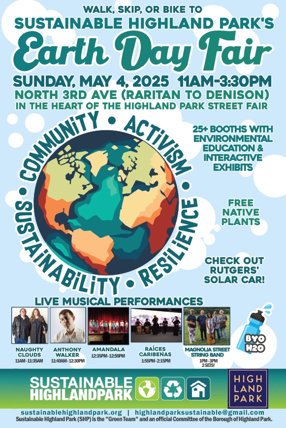 Illustrated poster for the Earth Day Fair, highlighing the 25+ booths, exhibits, free native plants, and Rutgers' solar car. Event details are included on this webpage.
